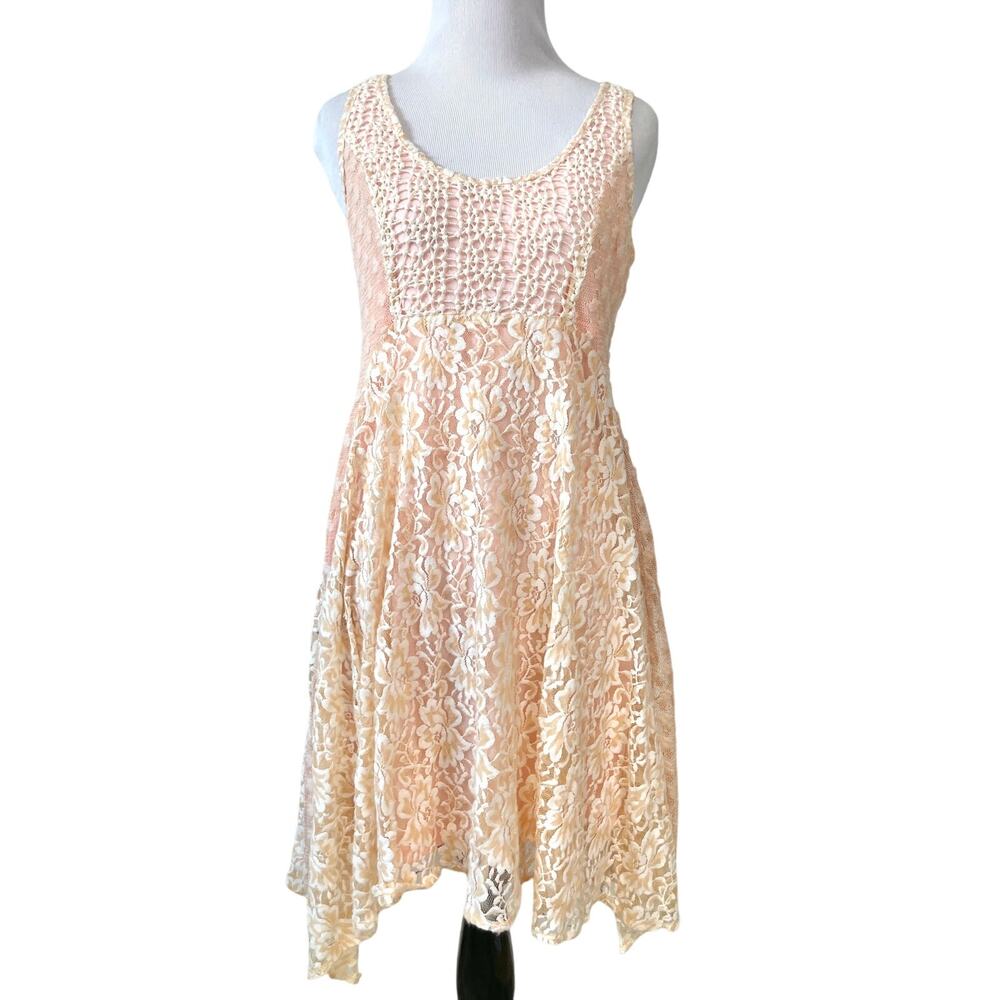 Lace Crochet Mini Dress M Pink Fairy Boho Coquette Feminine Asymmetric Hem Mesh